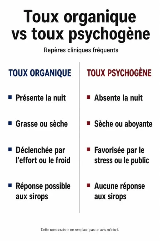 Tableau comparatif des différences entre la toux organique et la toux psychogène pour aider au diagnostic