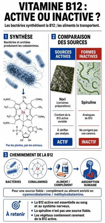 Infographie sur les sources de vitamine B12 dans les légumes et les alternatives végétales pour éviter les carences