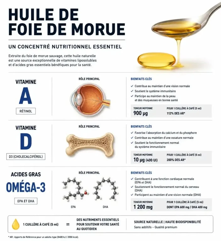 Infographie des bienfaits santé de l'huile de foie de morue Solgar : vitamines A, D et oméga-3