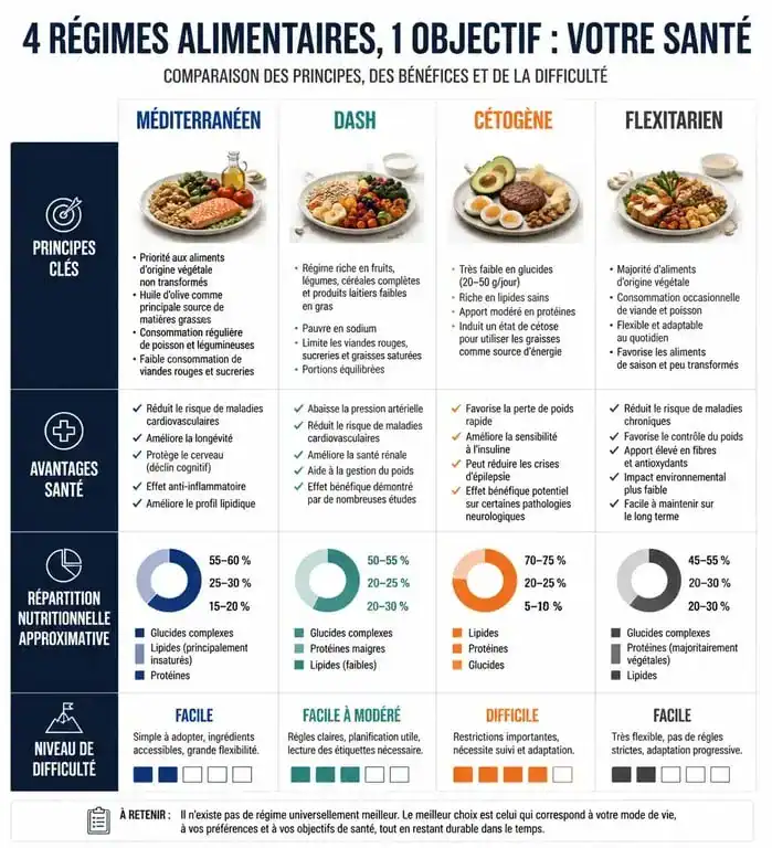 Tableau comparatif des régimes pour perdre du poids : Méditerranéen, DASH, Cétogène et Flexitarien