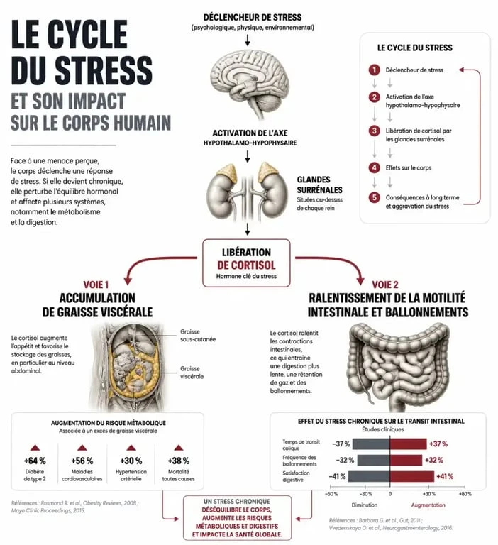 Infographie expliquant le lien entre taux de cortisol élevé et ventre gonflé