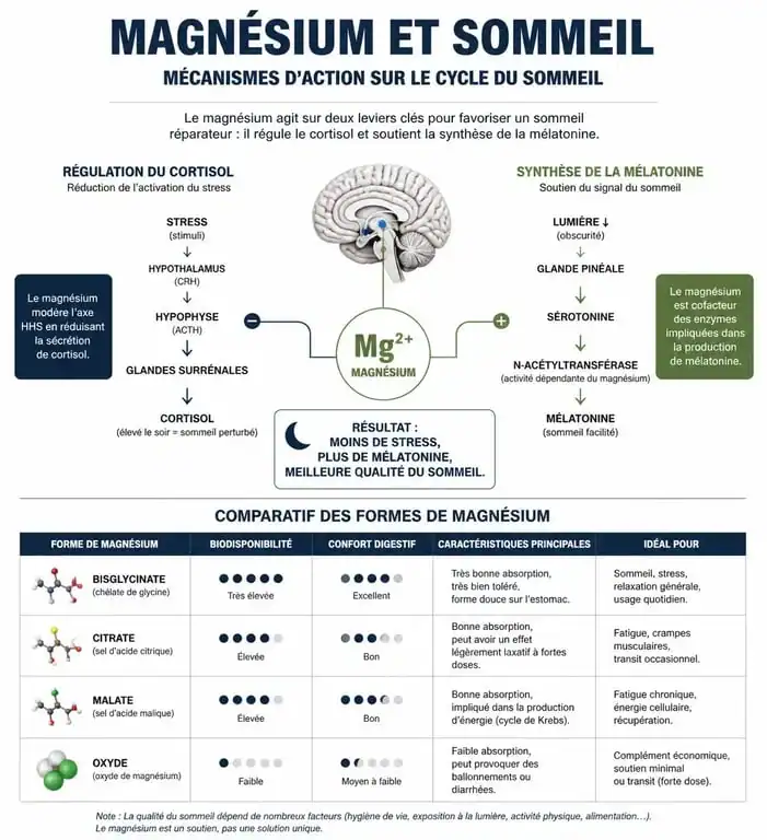 Infographie sur les bienfaits du magnésium pour le sommeil et comparaison des différentes formes de magnésium pour mieux dormir