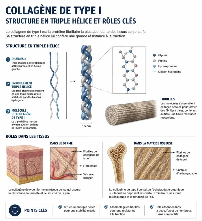 Infographie sur la structure et les rôles du collagène de type 1 dans le corps humain