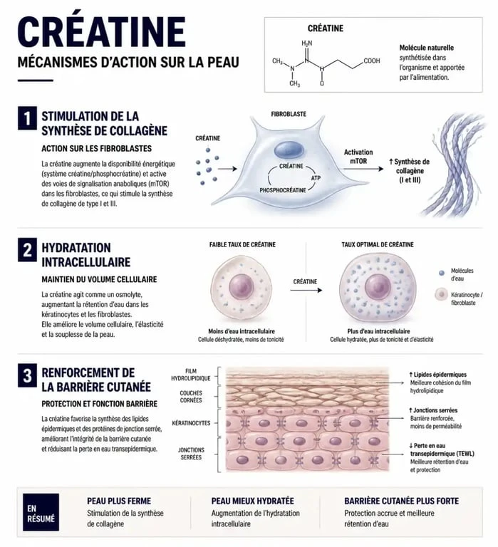 Infographie expliquant les effets de la créatine sur la peau, le collagène et l'hydratation cutanée.