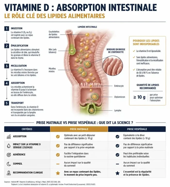 Infographie sur l'absorption de la vitamine D et comparaison entre la prise le matin et la prise le soir pour optimiser son efficacité.