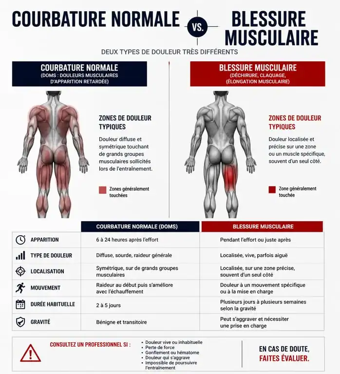 Infographie comparant courbatures après musculation et blessure musculaire