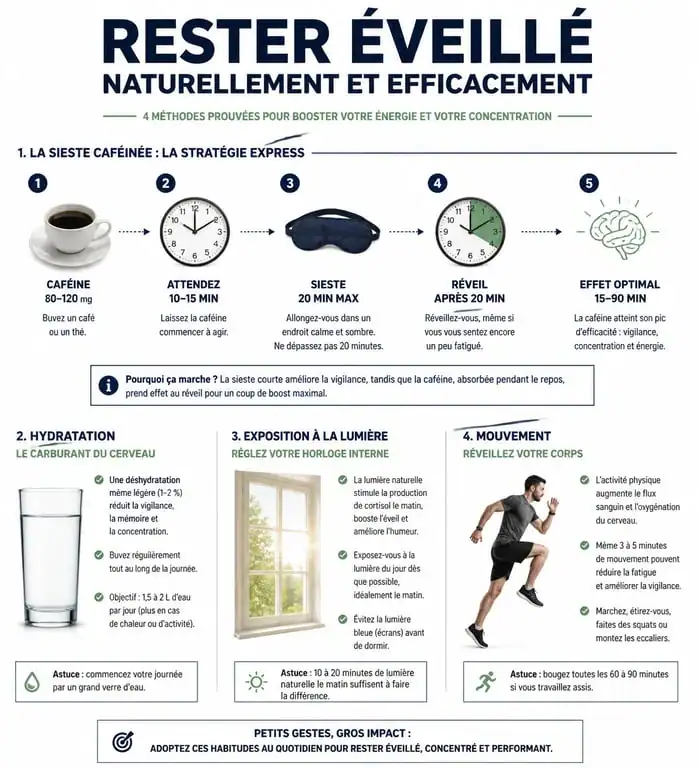 Infographie des astuces pour ne pas s'endormir au travail ou en voiture