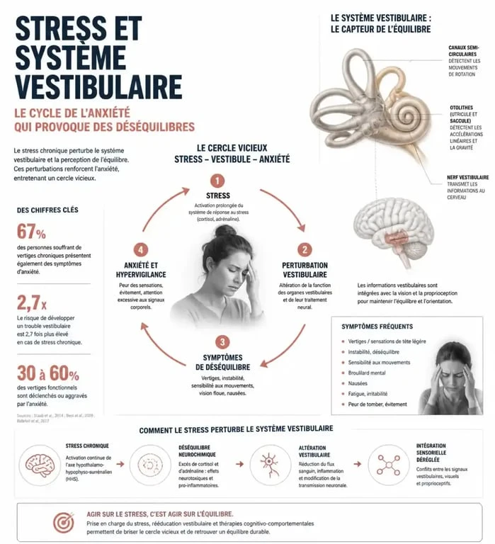 Infographie expliquant le lien entre le stress et les vertiges et le fonctionnement du système vestibulaire
