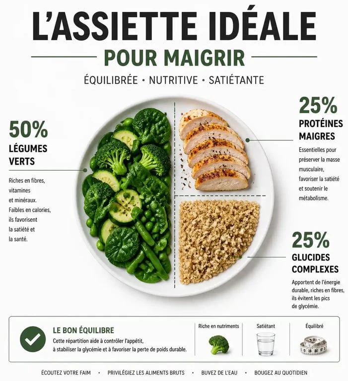 Infographie montrant la composition idéale d'une assiette pour maigrir avec 50% de légumes, 25% de protéines et 25% de glucides