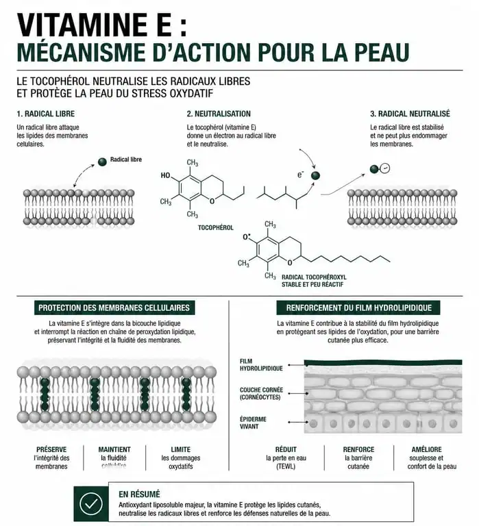 Infographie illustrant les bienfaits de la vitamine E pour la peau et son action antioxydante