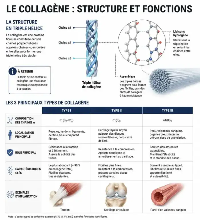 Infographie sur les types de collagène et leur rôle dans le corps humain pour comprendre c est quoi le collagene