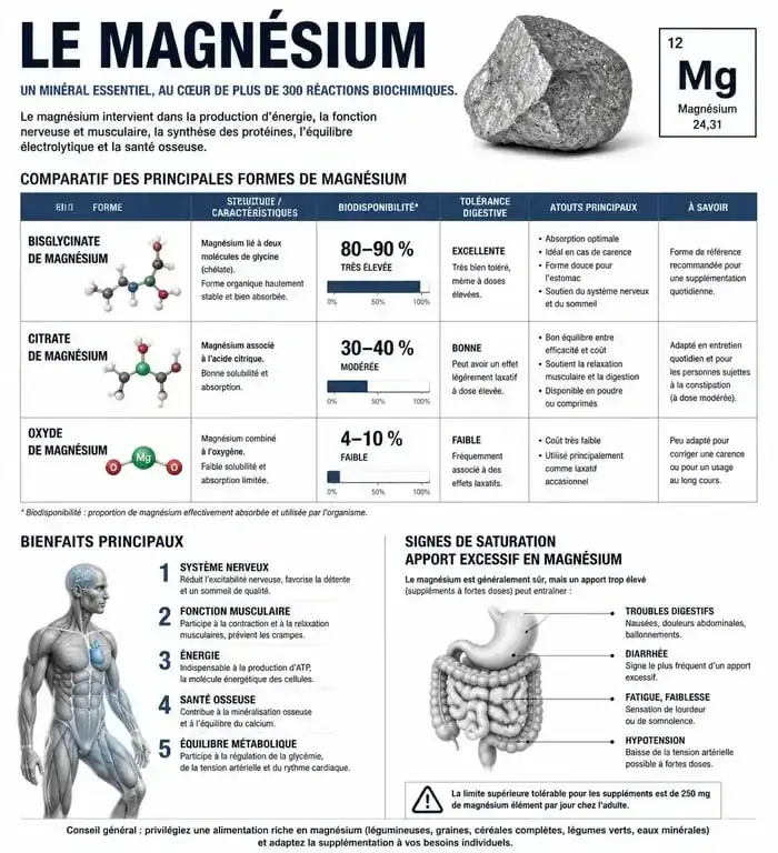 Infographie sur les bienfaits et la prise de magnésium en continu