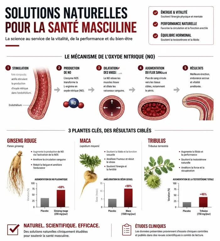 Infographie des solutions naturelles pour l'érection : Ginseng, Maca et Tribulus