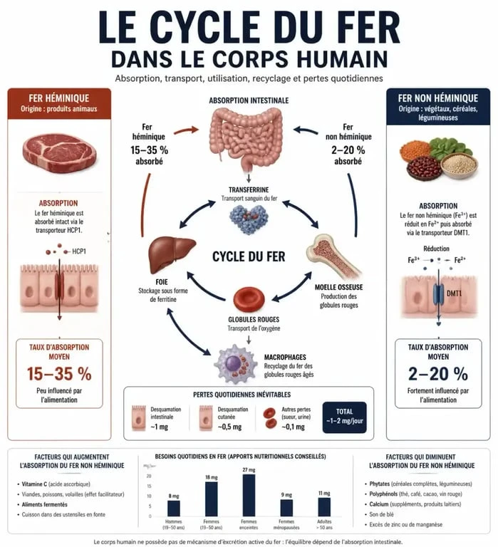 Infographie sur le rôle et l'absorption du fer dans l'organisme