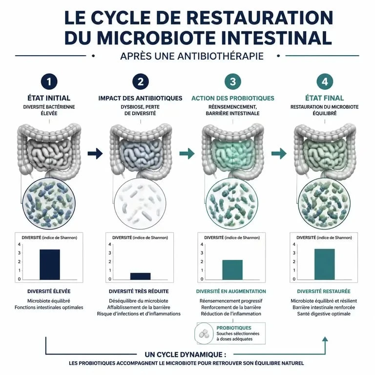Schéma illustrant le mécanisme de restauration du microbiote intestinal par les probiotiques après un traitement antibiotique