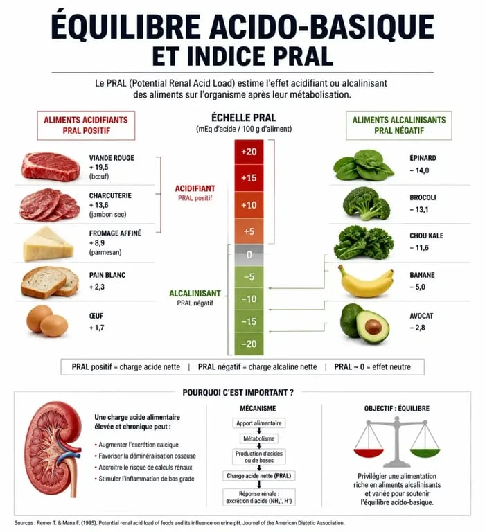 Infographie sur l'indice PRAL et les aliments à éviter pour limiter l'acide lactique