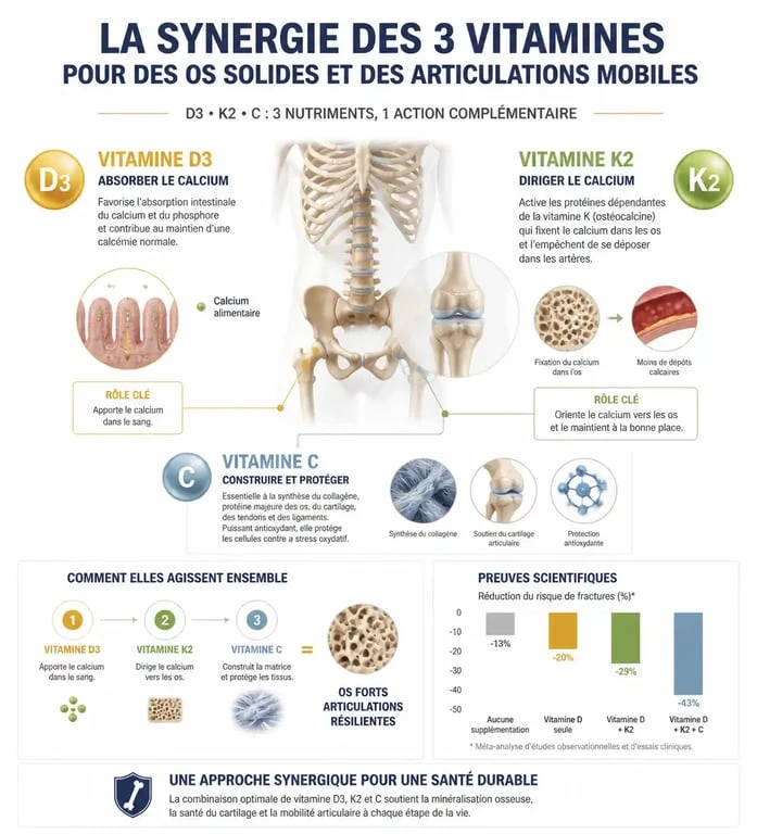Infographie sur les vitamines essentielles pour les os et articulations : rôle de la vitamine D, K2 et C pour la santé osseuse.