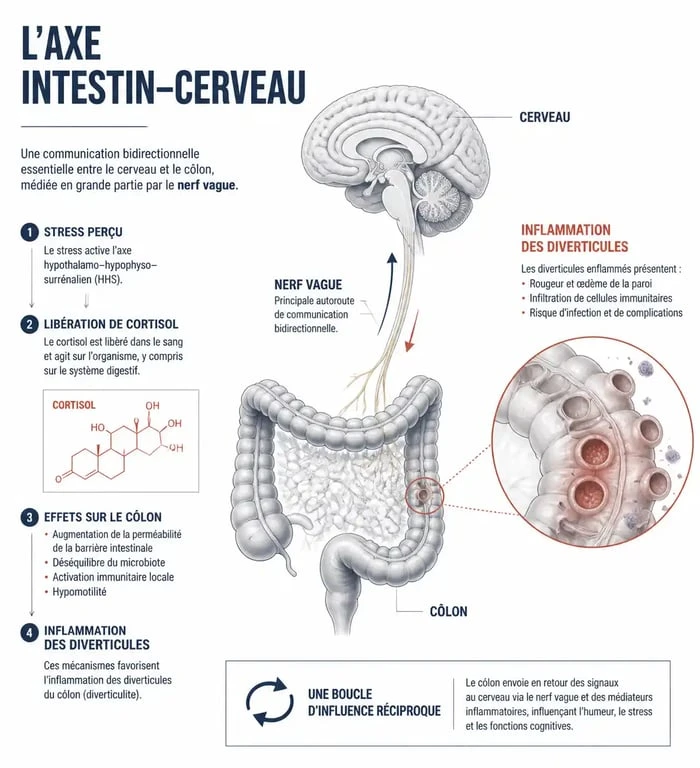 Schéma illustrant le lien entre le stress, le système nerveux entérique et la diverticulite