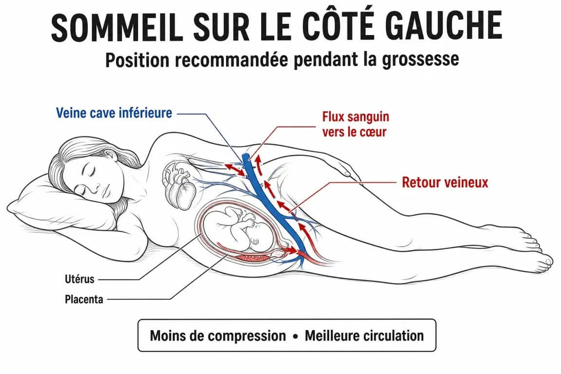 Schéma explicatif de la position de sommeil recommandée sur le côté gauche pour une femme enceinte pour éviter la compression de la veine cave