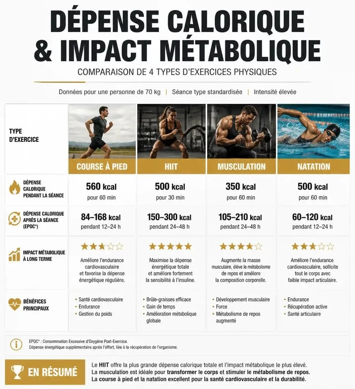 Infographie comparant la dépense calorique des exercices pour maigrir par le sport