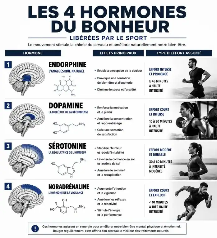 Infographie sur les hormones du bonheur et le sport : endorphines, dopamine, sérotonine et noradrénaline