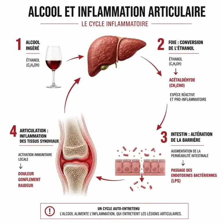 Schéma explicatif des mécanismes biologiques de l'inflammation articulaire liée à la consommation d'alcool