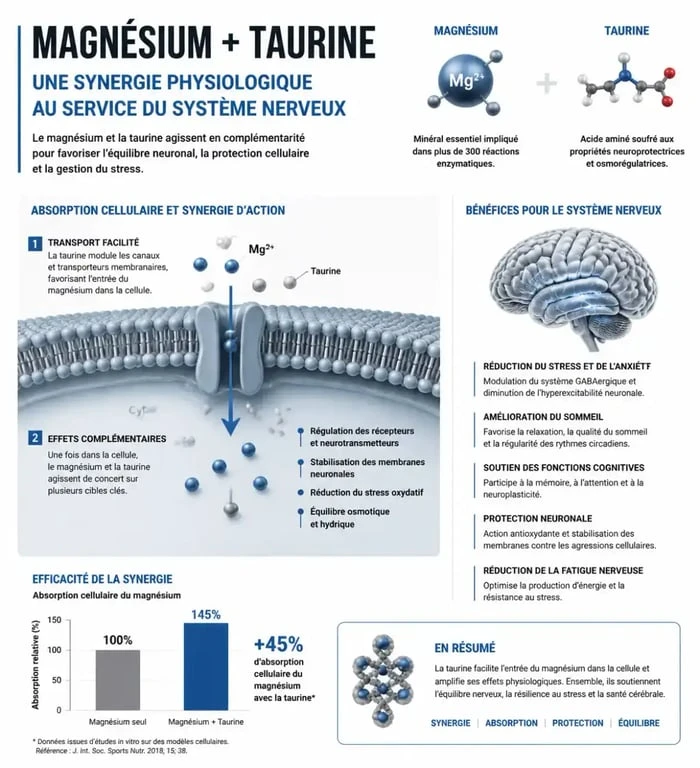 Infographie sur les effets secondaires et la synergie du magnésium et de la taurine