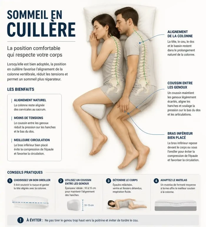 Schéma illustrant la position cuillère ergonomique pour bien dormir en couple