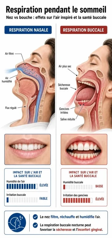 Schéma explicatif des différences entre respiration nasale et buccale pendant le sommeil et pourquoi on dort la bouche ouverte
