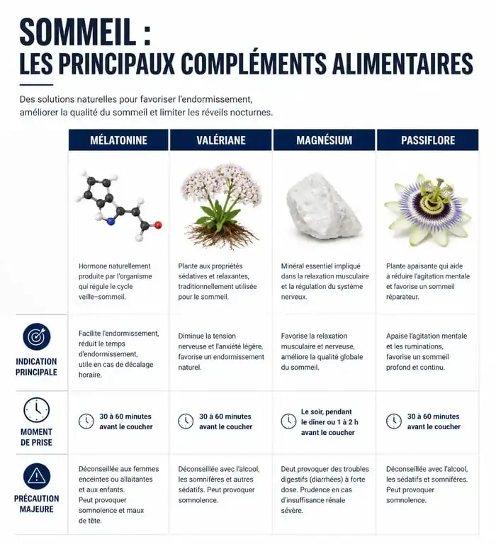 Infographie des compléments alimentaires pour dormir : mélatonine, valériane, magnésium et passiflore