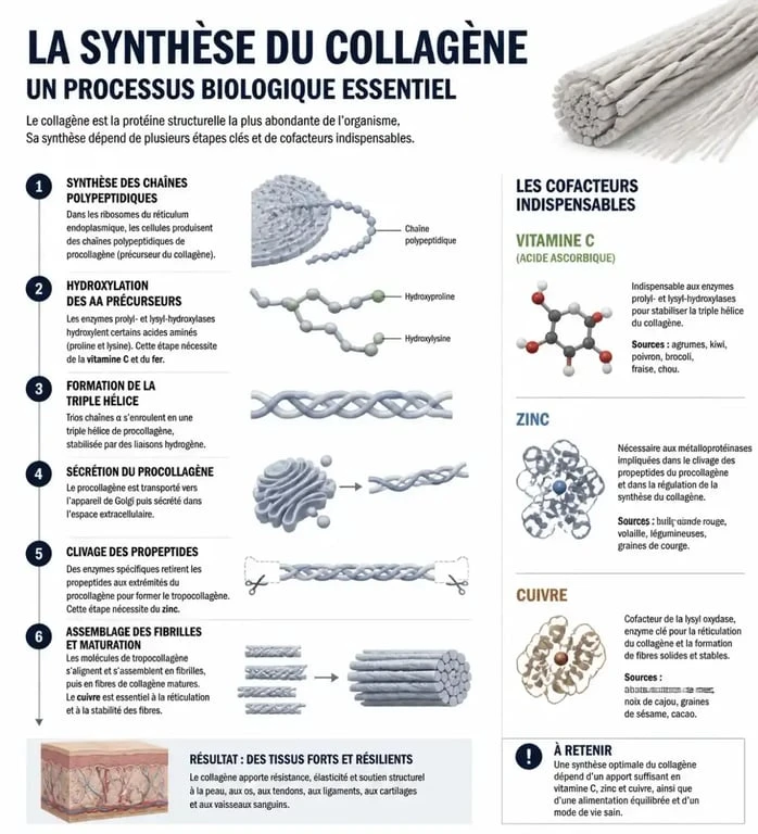 Infographie sur la synthèse du collagène et les nutriments essentiels pour une peau et des articulations en bonne santé, incluant des aliments riches en collagène.