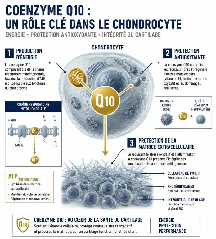 Schéma illustrant le mécanisme d'action de la coenzyme Q10 et l'arthrose au niveau cellulaire