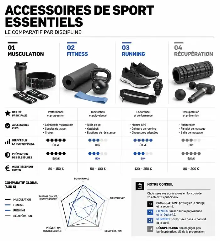 Infographie comparative des accessoires pour sport par discipline
