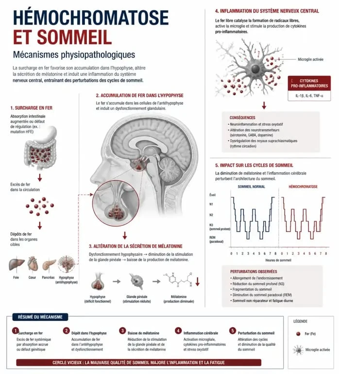 Schéma explicatif des effets de l'hémochromatose et sommeil sur le corps humain