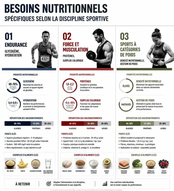 Infographie comparative des besoins nutritionnels par discipline sportive pour choisir son livre sur la nutrition sportive