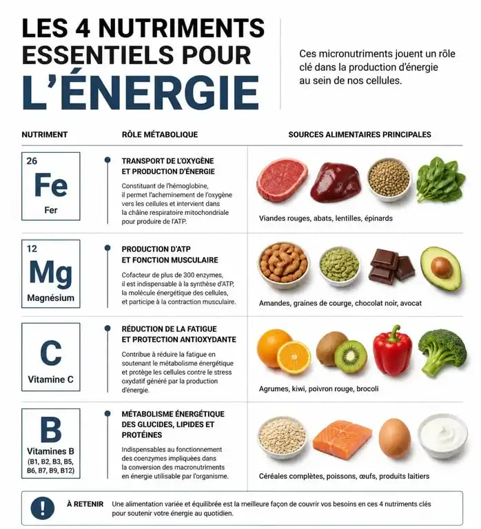 Infographie sur les nutriments essentiels pour lutter contre le manque d'énergie et retrouver sa vitalité