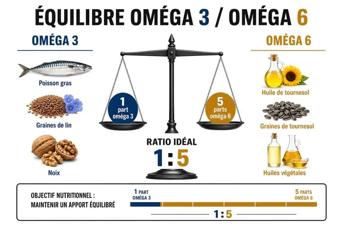 Infographie sur l'équilibre et le ratio idéal des oméga 3 et 6 pour la santé