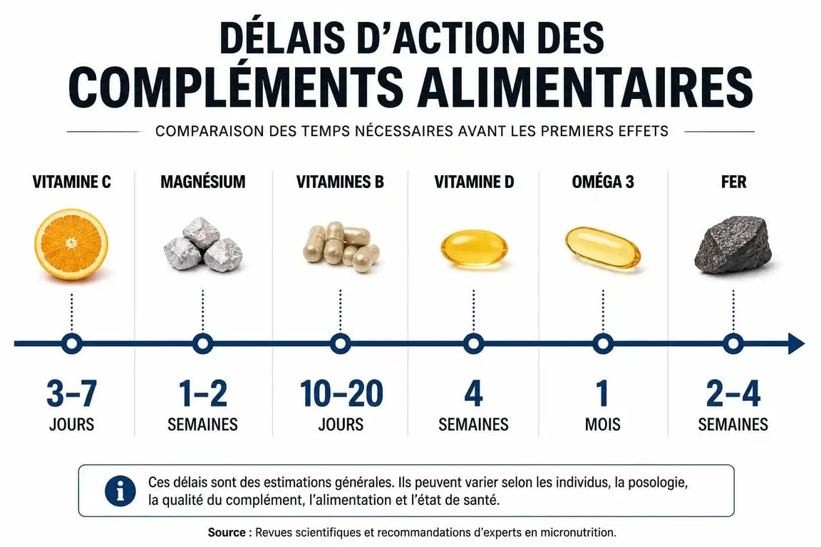 Infographie montrant au bout de combien de temps les vitamines font effet selon le nutriment