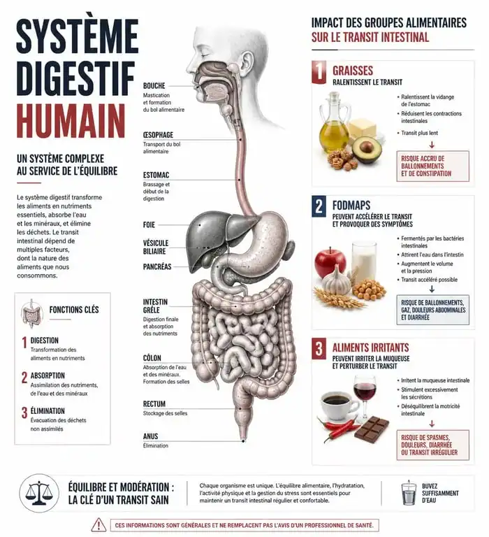 Infographie sur les aliments à éviter pour une meilleure digestion et le confort intestinal