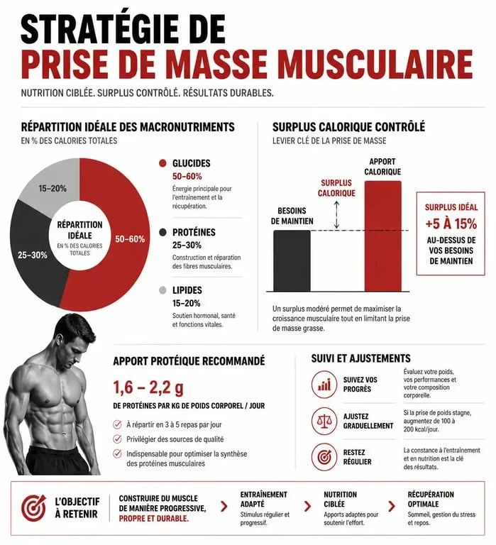 Infographie sur la stratégie alimentaire pour une prise de masse musculaire efficace et saine