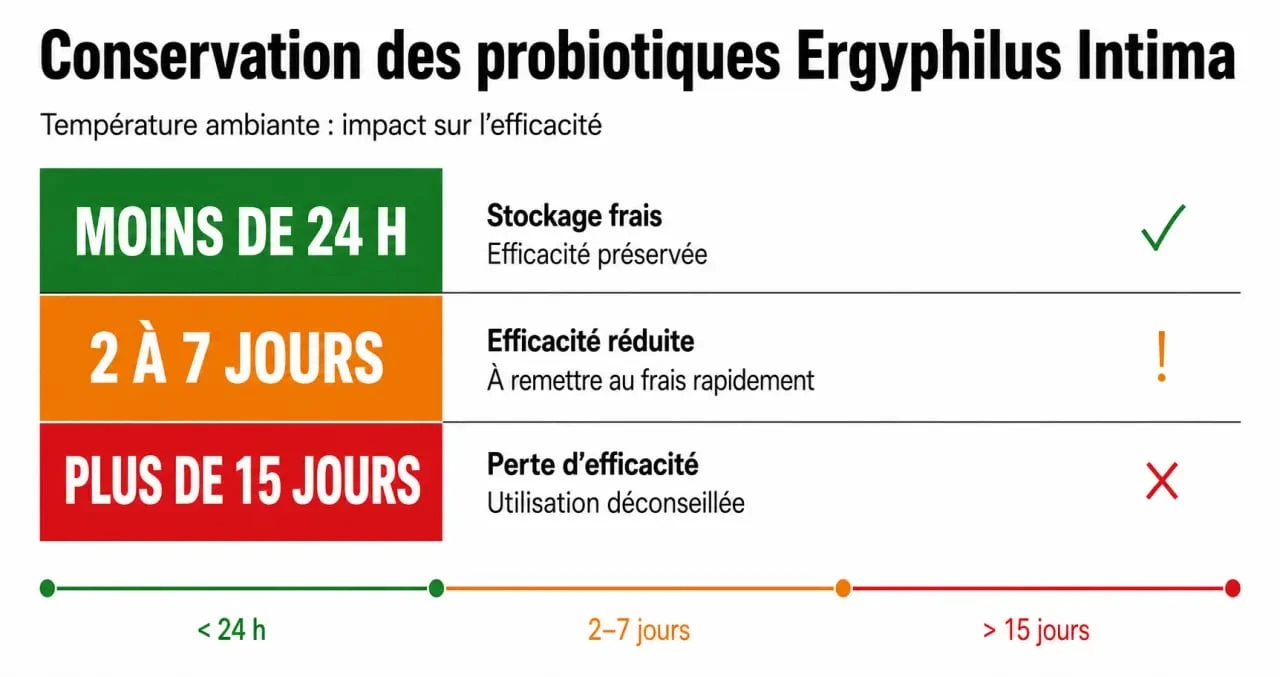 Infographie sur la conservation des probiotiques Ergyphilus Intima : impact de la température et du temps sur l'efficacité des souches.