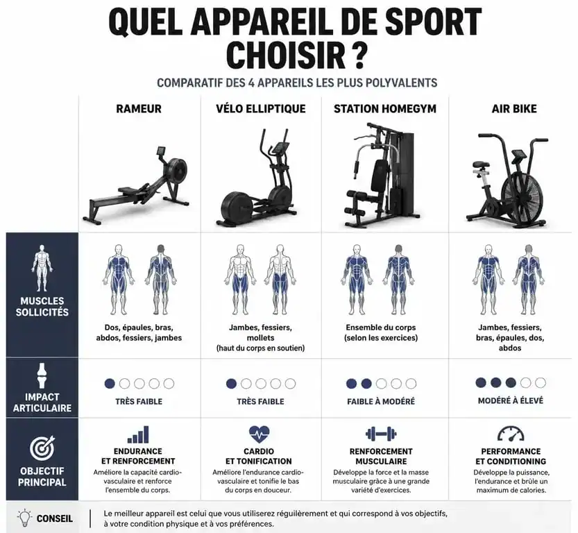 Infographie comparative des meilleurs appareils de sport pour un entraînement complet du corps à domicile