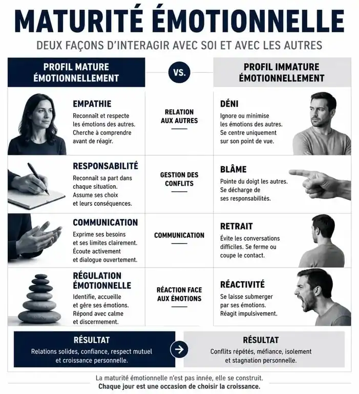 Comparaison entre maturité et immaturité émotionnelle : signes et comportements clés