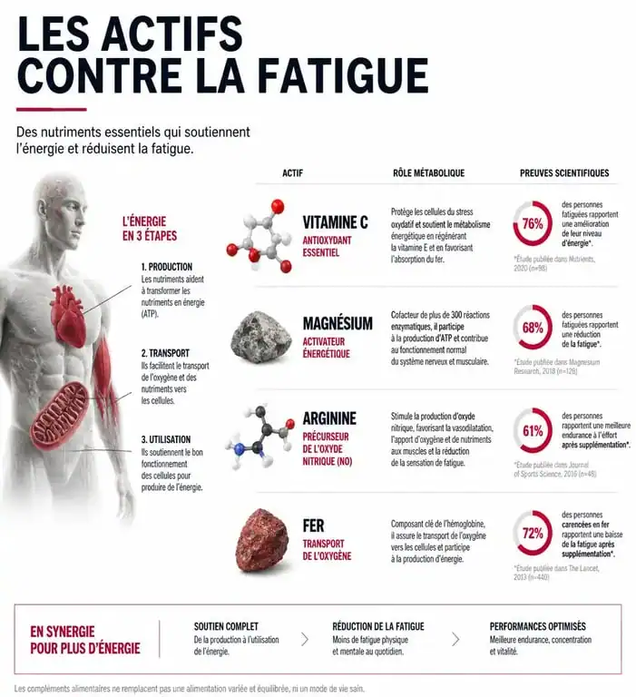 Infographie des actifs et médicaments contre la fatigue : Vitamine C, Magnésium, Arginine et Fer