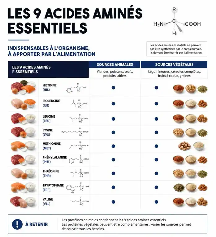 Infographie sur les acides aminés essentiels et les aliments riches en protéines