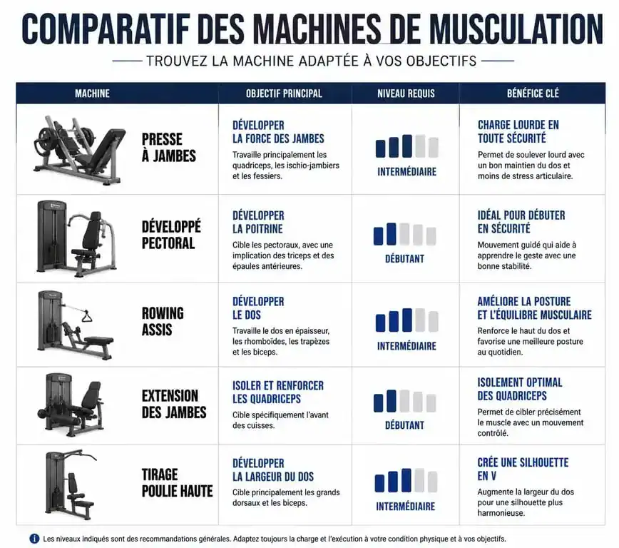 Tableau comparatif des machines de salle de sport selon les objectifs d'entraînement