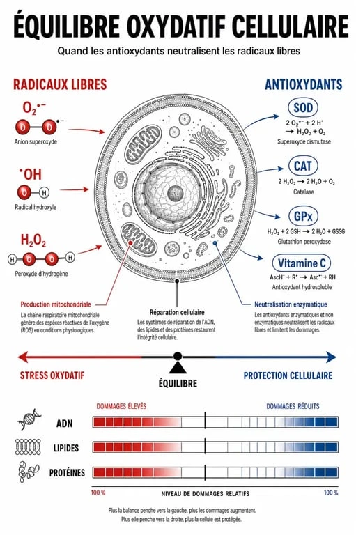 Schéma explicatif du stress oxydatif montrant l'équilibre entre radicaux libres et antioxydants