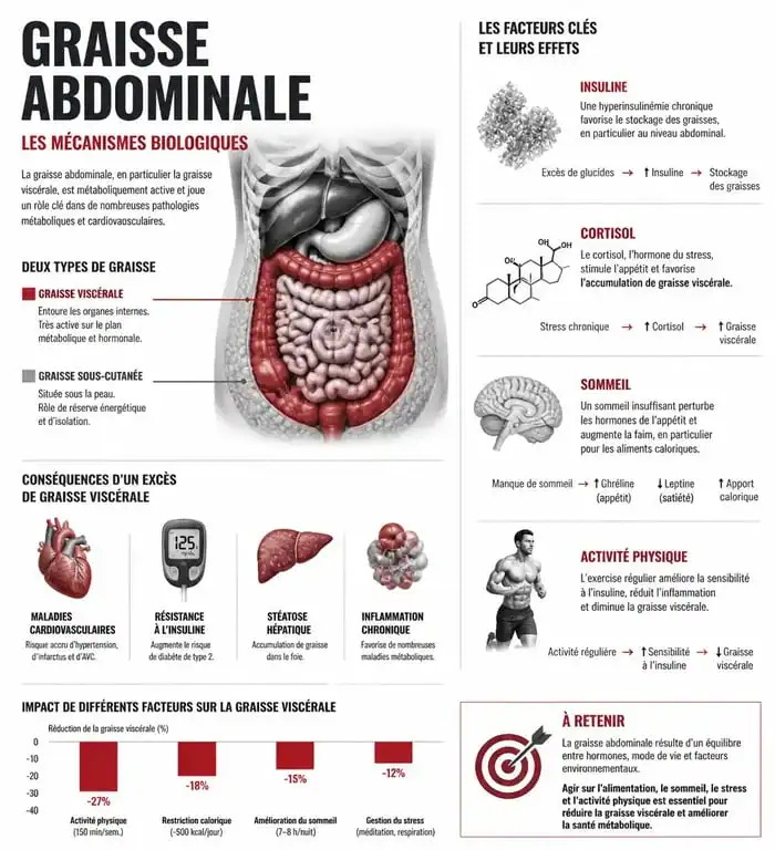 Infographie sur les facteurs influençant la perte de graisse abdominale et les méthodes pour maigrir du ventre