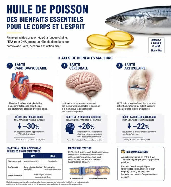 Infographie des bienfaits de l'huile de poisson sur la santé et rôle des oméga-3