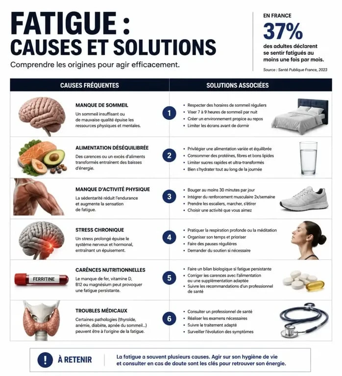 Infographie sur les solutions et médicaments contre la fatigue selon les symptômes